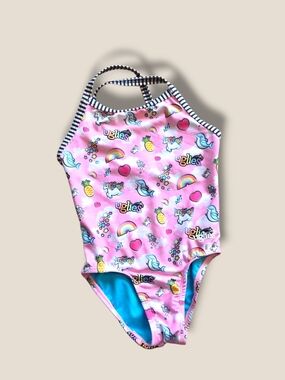 Pink Girls' One-Piece Swim Suit with Rainbow & Unicorn Print